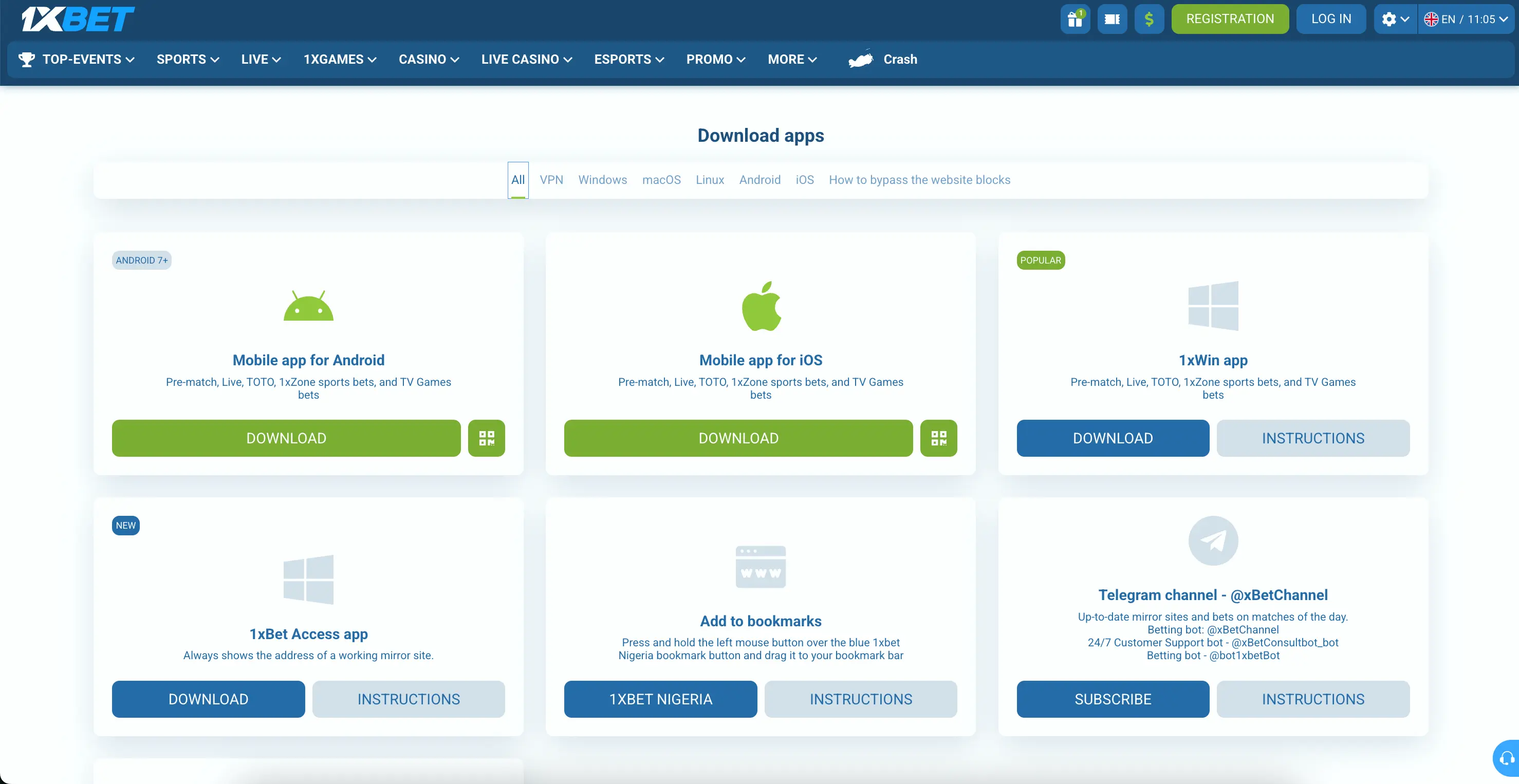 Official 1xBet download apps page with Android and iOS download buttons